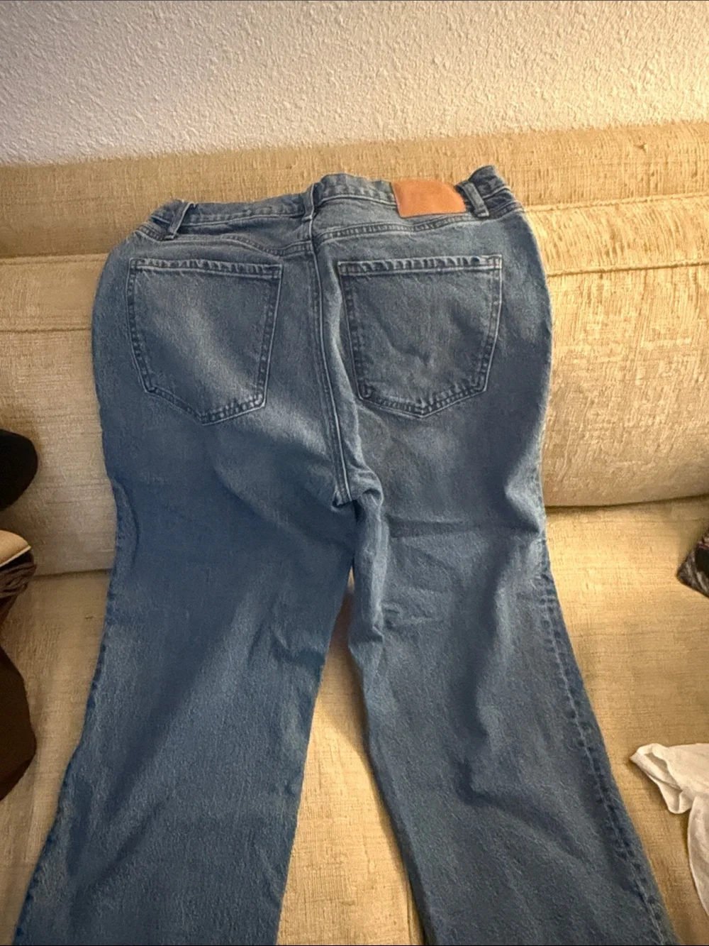 Express Men’s Blue Denim Jeans with Tan Leather Patch
